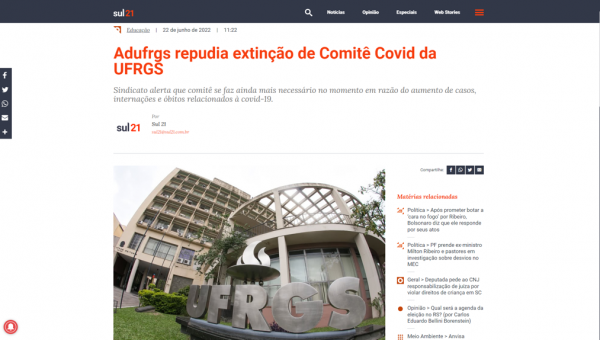 ADUFRGS repudia extinção de Comitê Covid da UFRGS