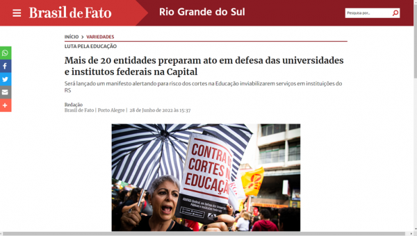 Brasil de Fato RS: Mais de 20 entidades preparam ato em defesa das universidades e institutos federais na Capital