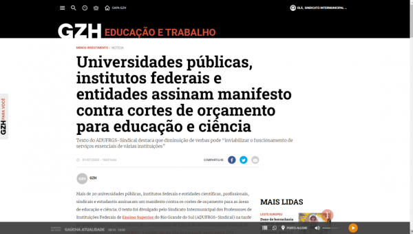 GZH: Universidades públicas, institutos federais e entidades assinam manifesto contra cortes de orçamento para educação e ciência