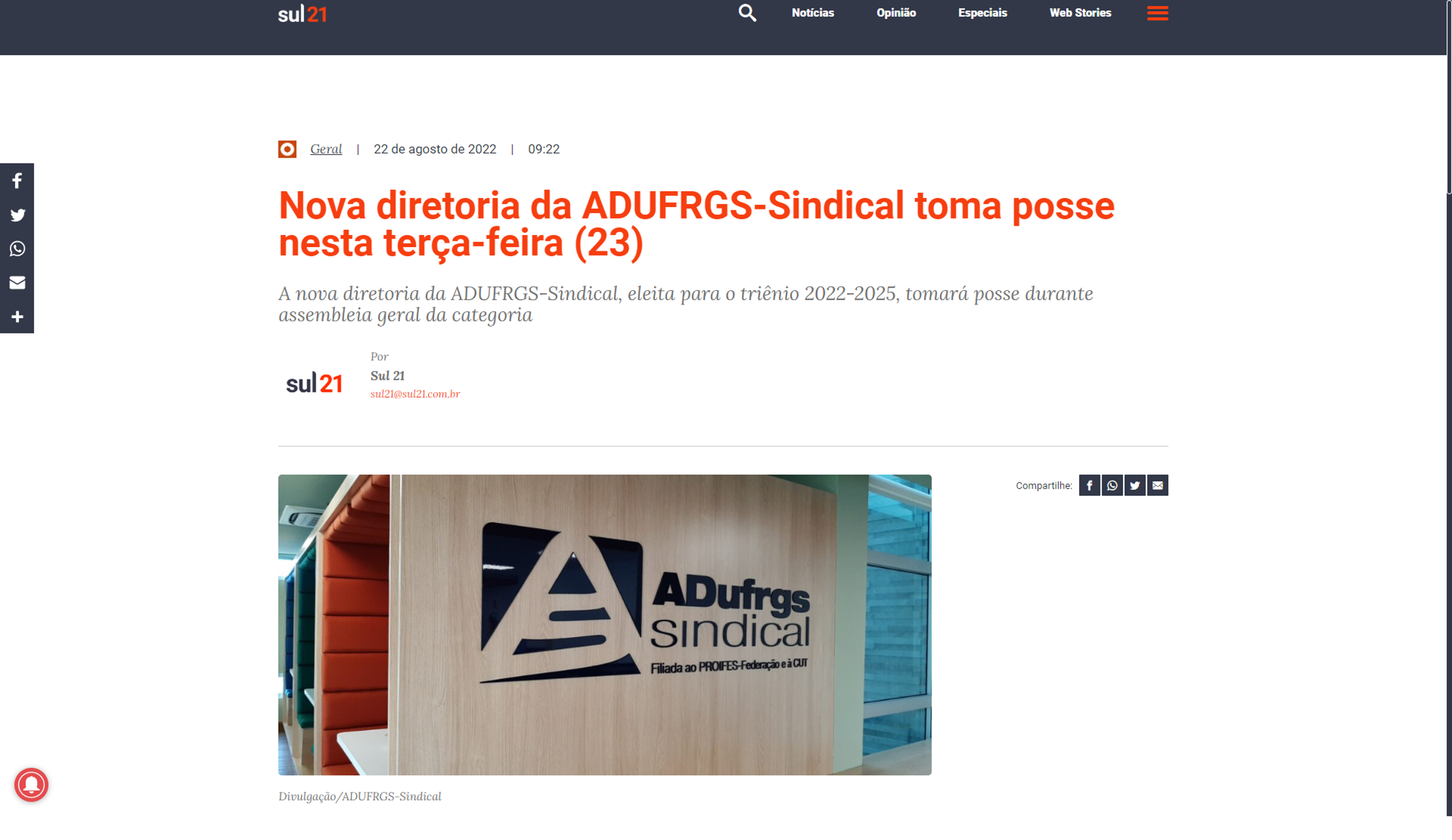 Sul 21: Nova diretoria da ADUFRGS-Sindical toma posse nesta terça-feira (23)
