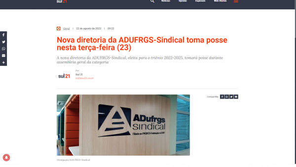 Sul 21: Nova diretoria da ADUFRGS-Sindical toma posse nesta terça-feira (23)