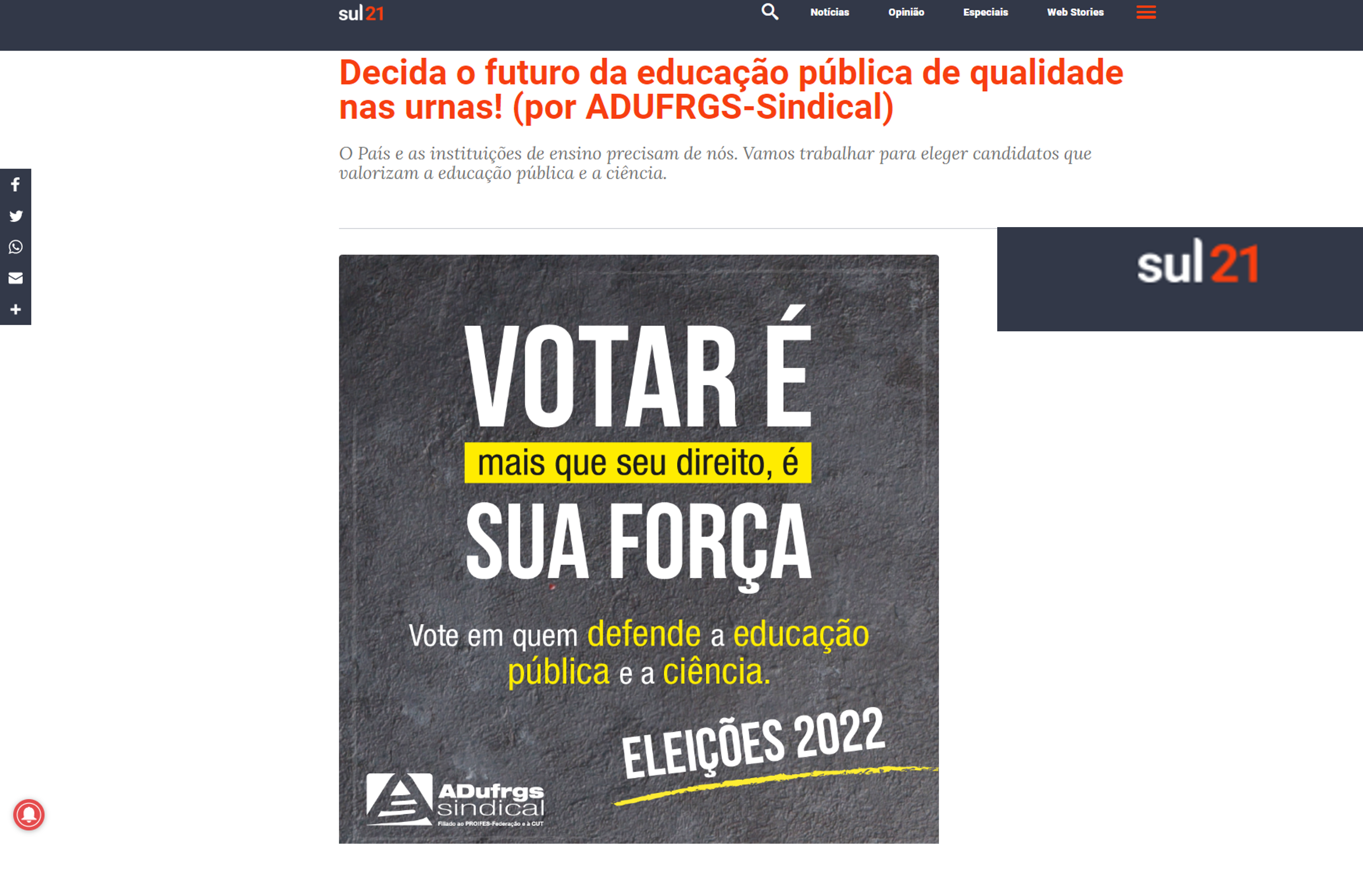 Campanha da ADUFRGS-Sindical pelo voto em favor da educação no Sul 21