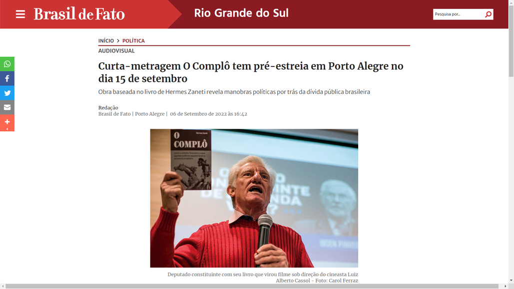 Brasil de Fato RS destaca pré-lançamento do curta-metragem O Complô