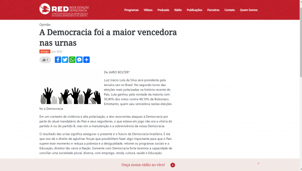 Artigo portal RED: A democracia foi a maior vencedora nas urnas (por Jairo Bolter) 