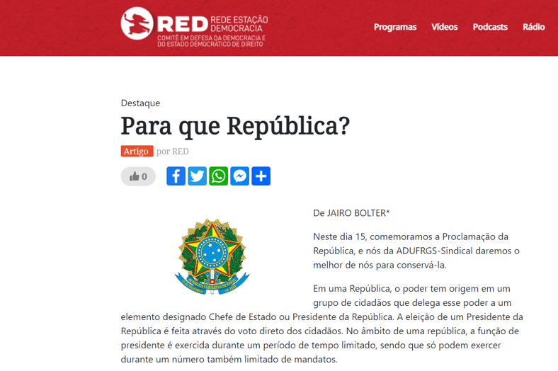 Artigo na RED: Para que República? Por Jairo Bolter