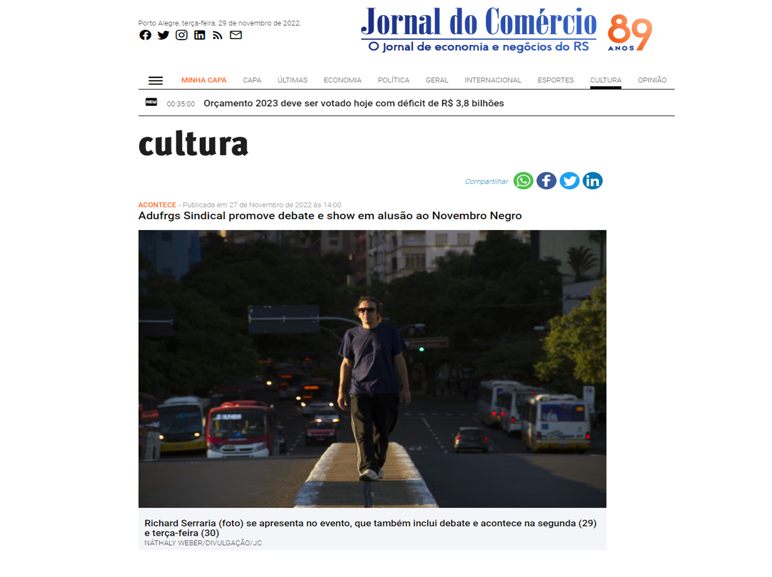 Jornal do Comércio destaca debate e show em alusão ao Novembro Negro realizados pela ADUFRGS-Sindical