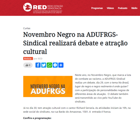 RED: Novembro Negro na ADUFRGS-Sindical realizará debate e atração cultural