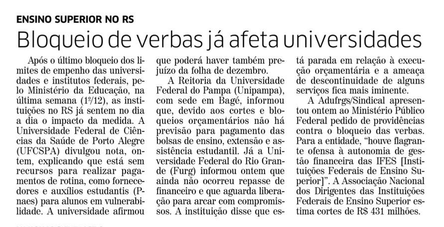 Correio do Povo: Bloqueio de verbas do MEC já afeta dia a dia das instituições federais no Rio Grande do Sul