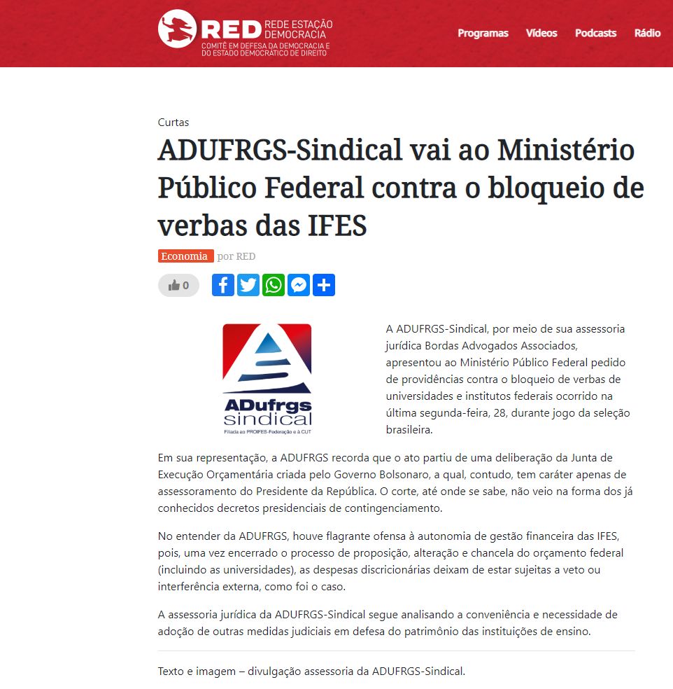 RED: ADUFRGS-Sindical vai ao Ministério Público Federal contra o bloqueio de verbas das IFES