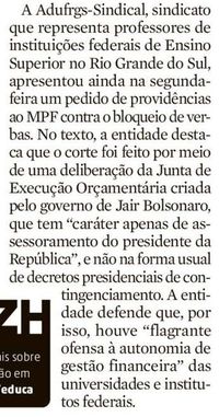 GZH: MPF instaura procedimento sobre bloqueio do governo federal de verbas de universidades e institutos