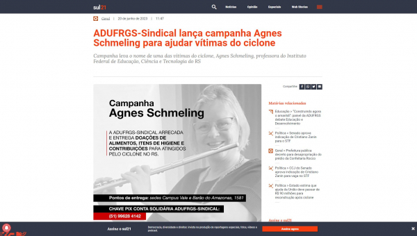 Sul21: ADUFRGS-Sindical lança campanha Agnes Schmeling para ajudar vítimas do ciclone