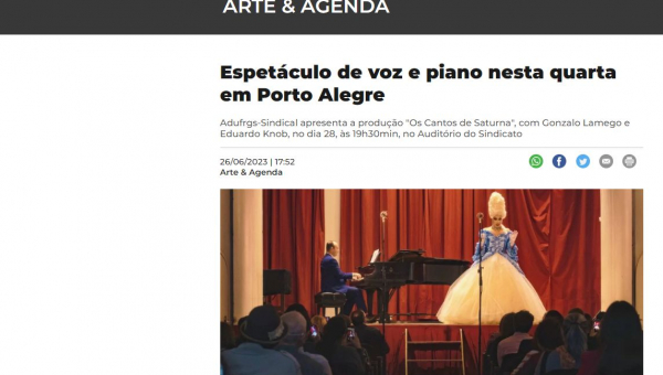 Correio do Povo: Espetáculo de voz e piano nesta quarta em Porto Alegre